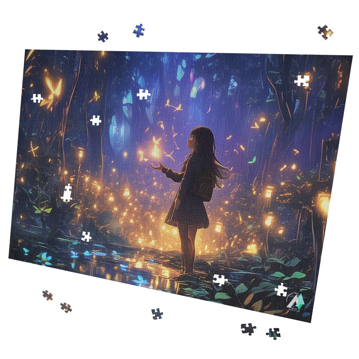 Girl in forest with butterflies, featured in Forest of Magic IV Puzzle. Available in 500 and 1000 pieces, crafted from premium ivory cardboard.