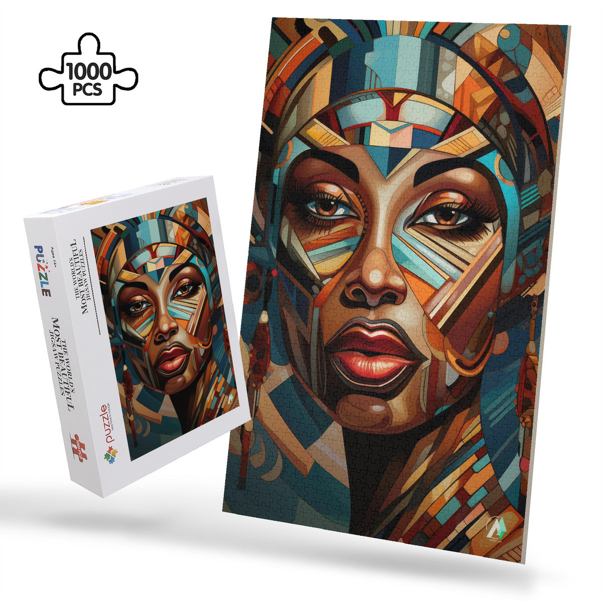 Cubist Beauty II Puzzle featuring a woman's face with a colorful headdress, available in 500 and 1000 pieces, crafted from premium ivory cardboard.