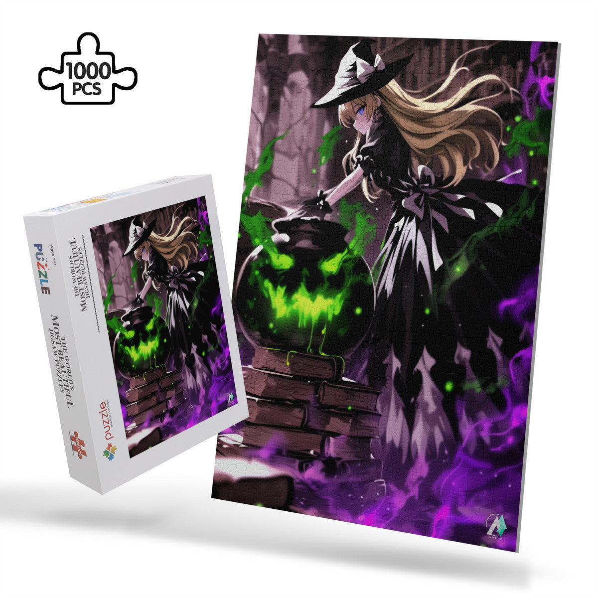 Balliana's Brew Puzzle features a cartoon witch with a cauldron emitting green and purple smoke, available in 500 or 1000 pieces.