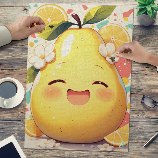 Chibi Pear Puzzle, featuring a cartoon pear design, available in 500 and 1000 pieces, crafted from premium ivory cardboard with satin finish.