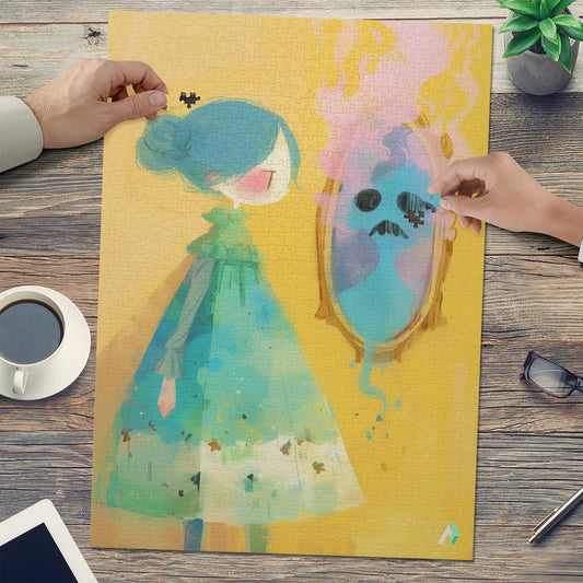 Little House of Horrors II Puzzle, featuring a cartoon girl and mirror, crafted from premium ivory cardboard, available in 500 and 1000 pieces.