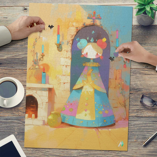 Little House of Horrors III Puzzle featuring a cartoon girl. Available in 500 and 1000 pieces, crafted from premium ivory cardboard.