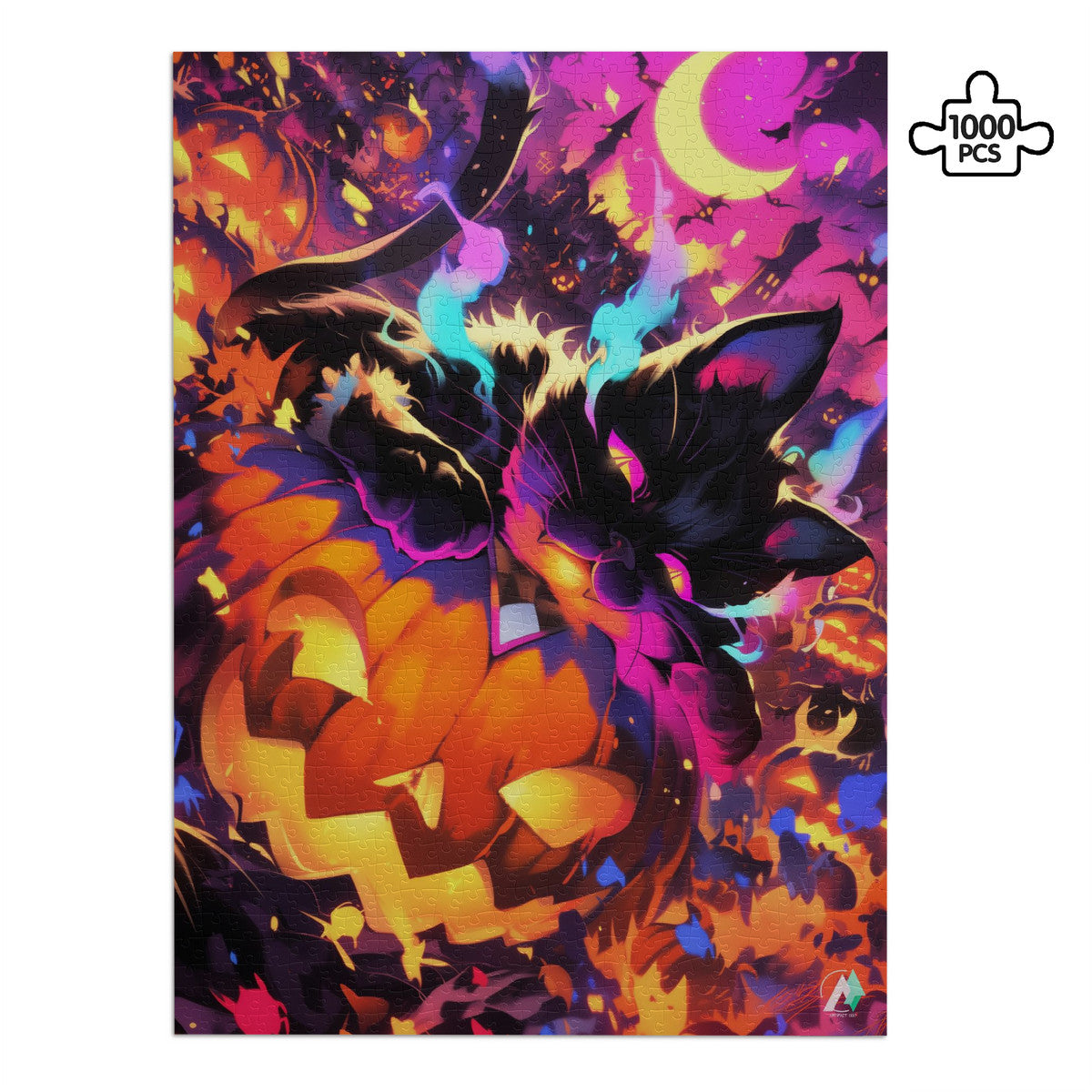 Puzzle featuring a cat and pumpkin, titled Pumpkin Patch Pirate I, available in 500 or 1000 pieces, crafted on premium ivory cardboard.