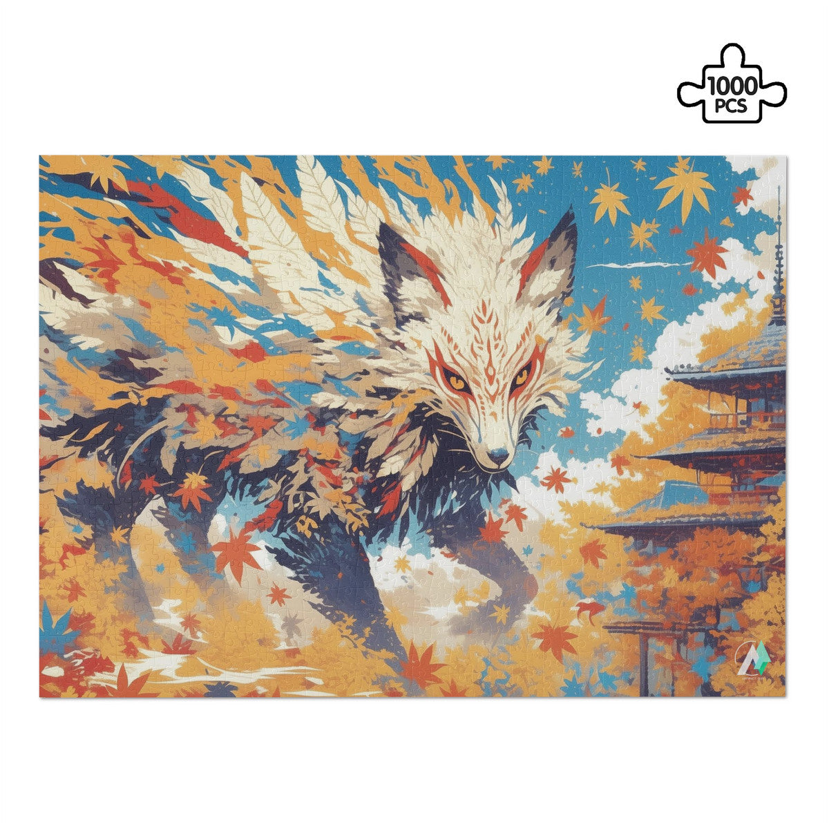 Fall'n for Foxes V Puzzle featuring a fox surrounded by leaves, available in 500 and 1000 pieces, crafted from premium ivory cardboard.
