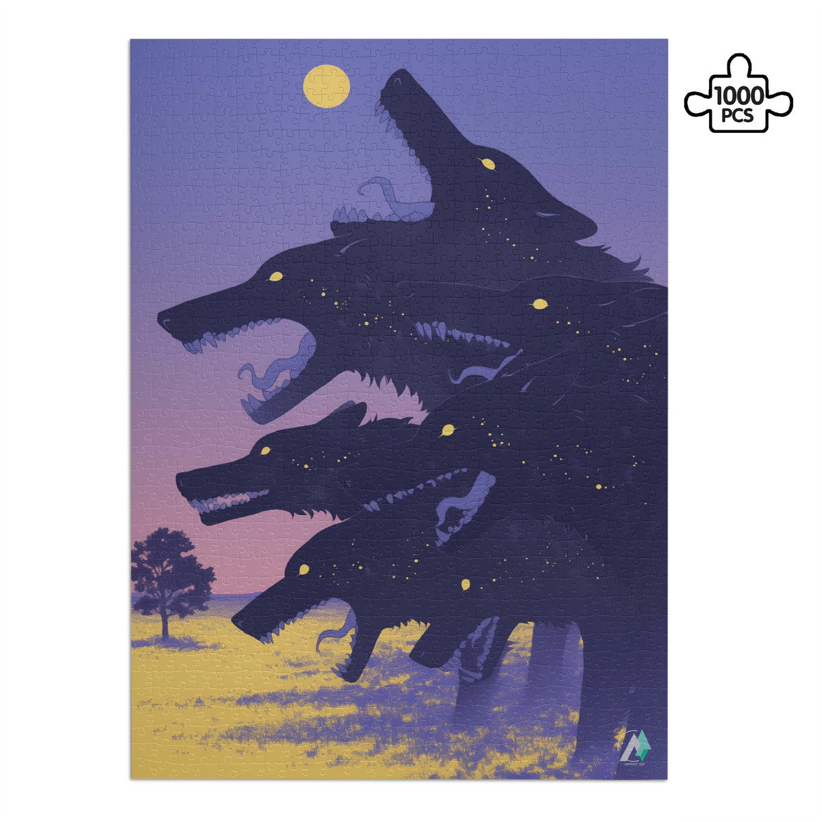Hounds Unleashed IX Puzzle: A jigsaw puzzle depicting a group of wolves, available in 500 or 1000 pieces, crafted from premium ivory cardboard.