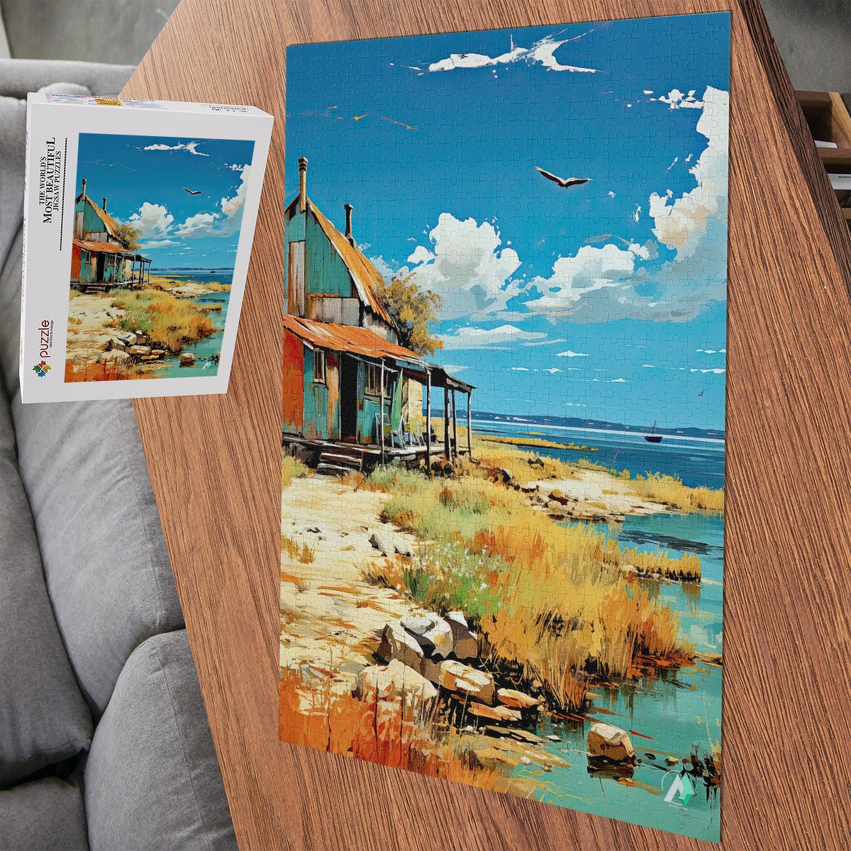 Oléron Shanty Puzzle depicts a house by the sea with clouds, crafted from premium ivory cardboard, available in 500 and 1000 pieces.