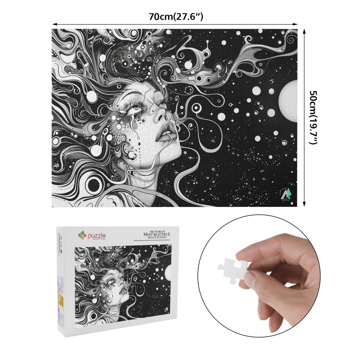 Discernment IV Puzzle features a black and white illustrated woman's face, available in 500 or 1000 pieces, crafted from premium ivory cardboard.