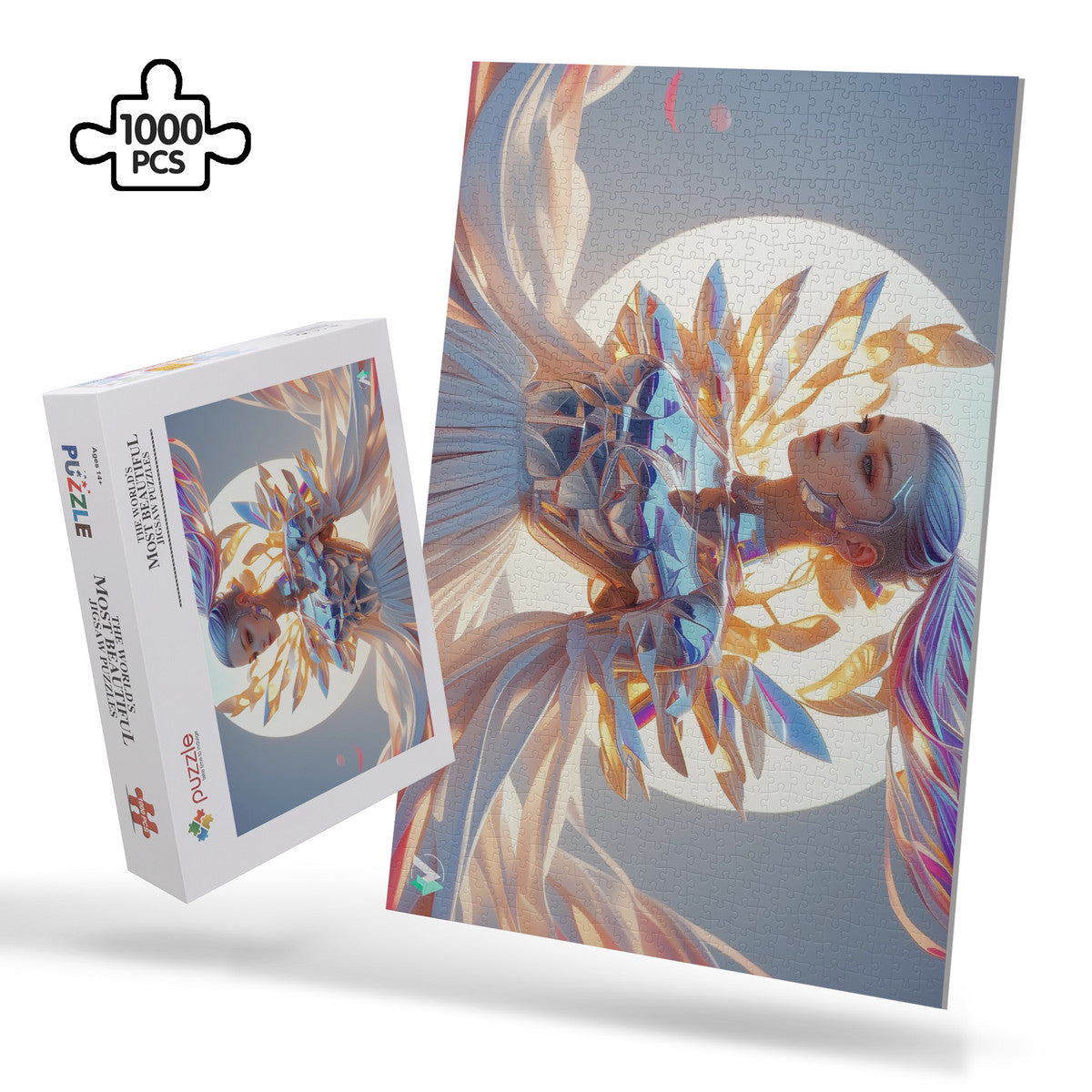 Amara-X III Puzzle features a futuristic woman in a stylish garment, part of a 500 or 1000-piece premium jigsaw puzzle.