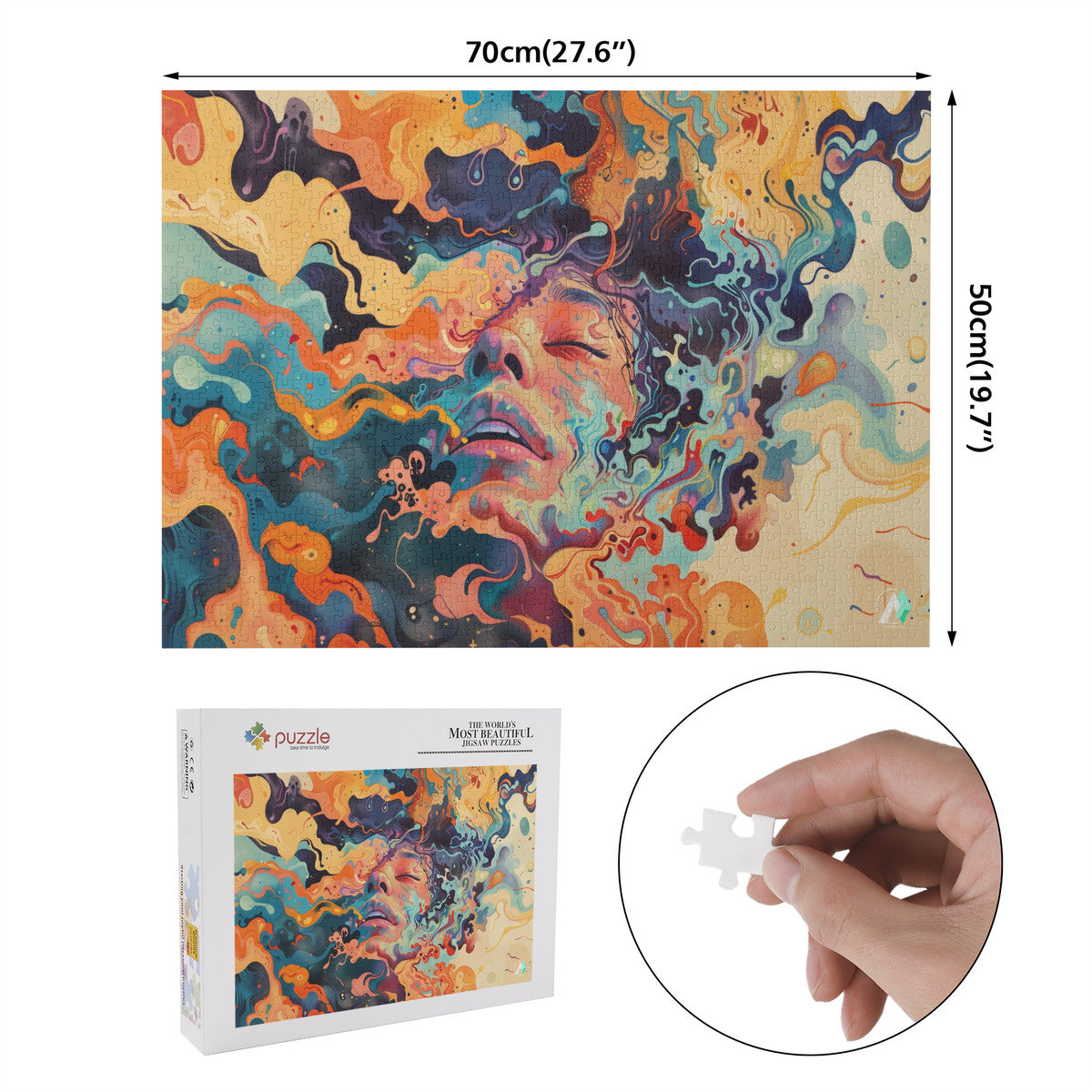 Liquid Trance II Puzzle features a vibrant, modern artwork of a woman's face, available in 500 or 1000 pieces, crafted from premium ivory cardboard.