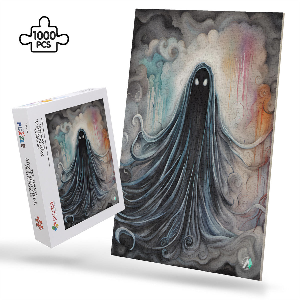 Silhouetted Soul I Puzzle: A ghost-themed jigsaw puzzle by artist @crazydancingguy, available in 500 and 1000 pieces, made from premium ivory cardboard.