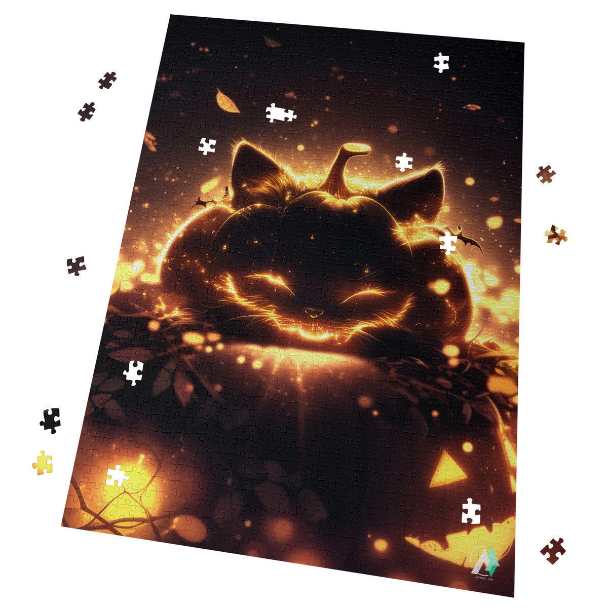 Cat-O'-Lantern Puzzle featuring a pumpkin with cat ears, available in 500 or 1000 pieces, crafted from premium ivory cardboard.