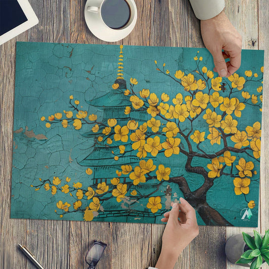 Blossoms Graffiti Puzzle featuring a tree with yellow flowers, available in 500 or 1000 pieces, crafted from premium ivory cardboard with a satin finish.