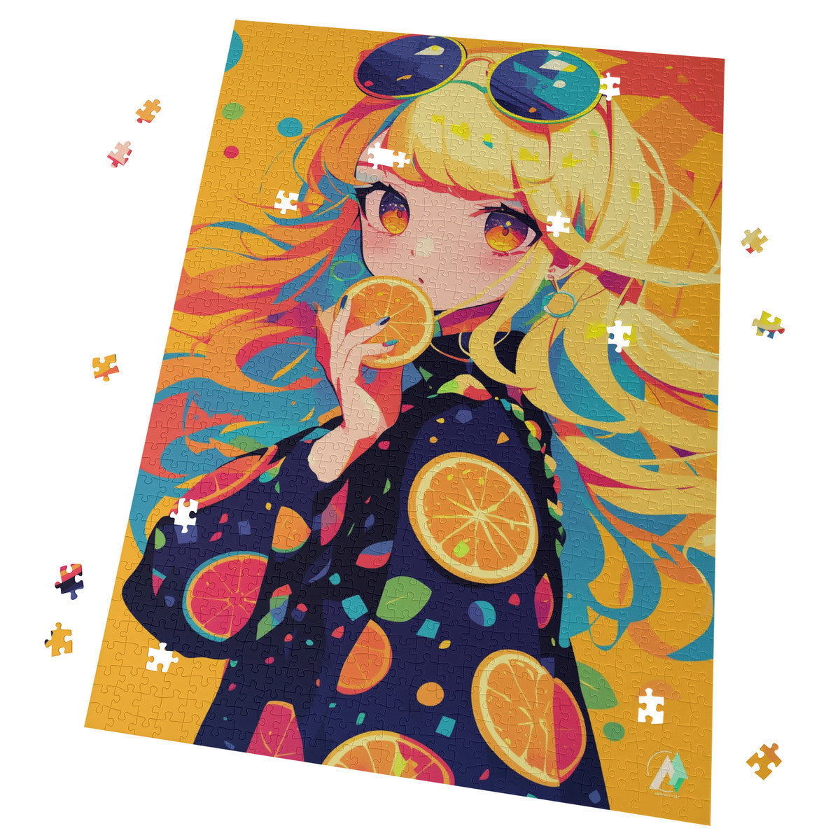 Chibi Orengella Puzzle featuring a cartoon girl holding orange slices, available in 500 and 1000 pieces, crafted from premium ivory cardboard.