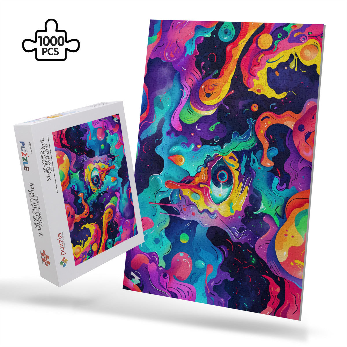 Dreamweaver's Gaze I Puzzle featuring a vibrant abstract design, available in 500 or 1000 pieces, crafted from premium ivory cardboard with satin finish.
