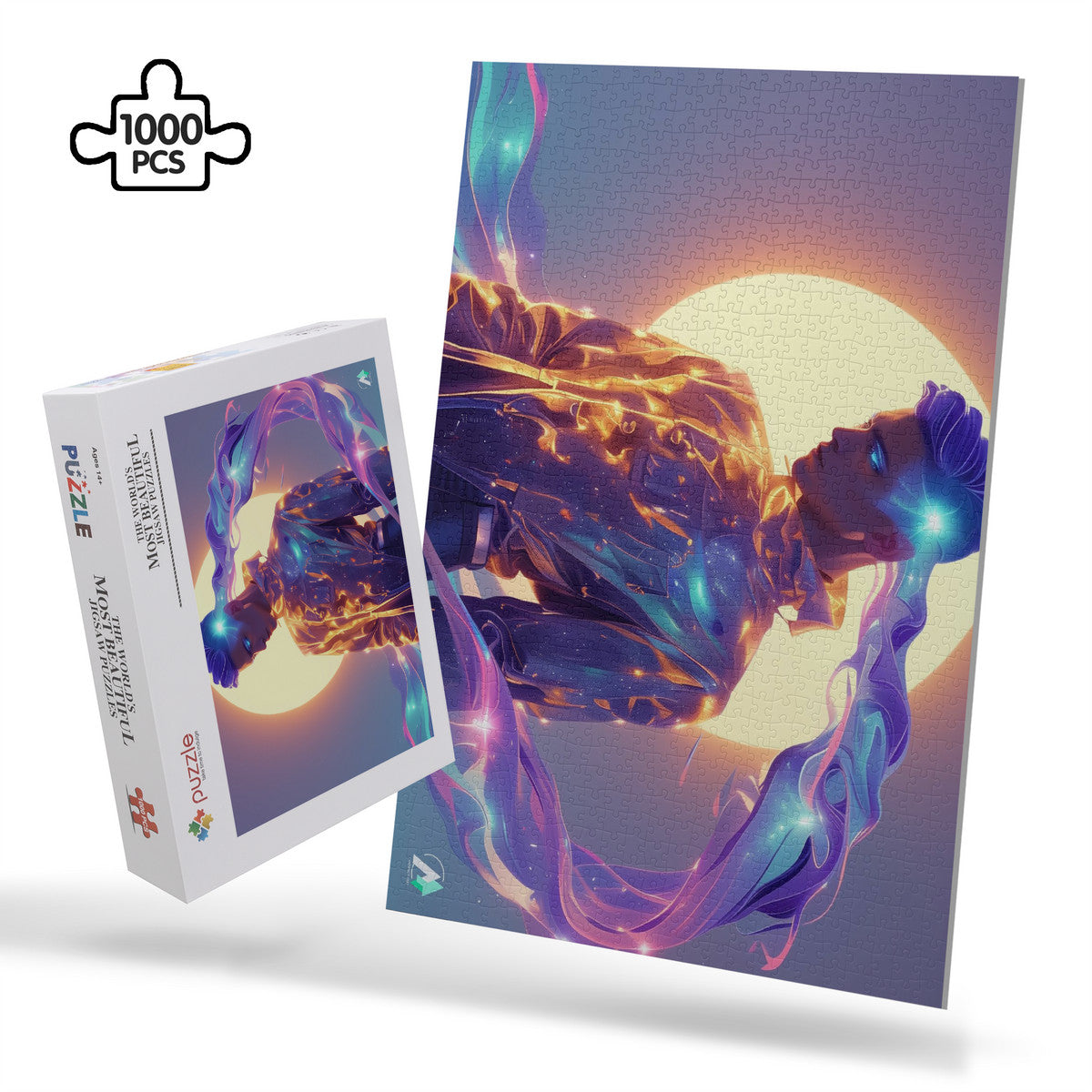 Cy Ber Ne Tic I Puzzle features a man with glowing purple blue hair in a shiny suit, crafted from premium ivory cardboard.
