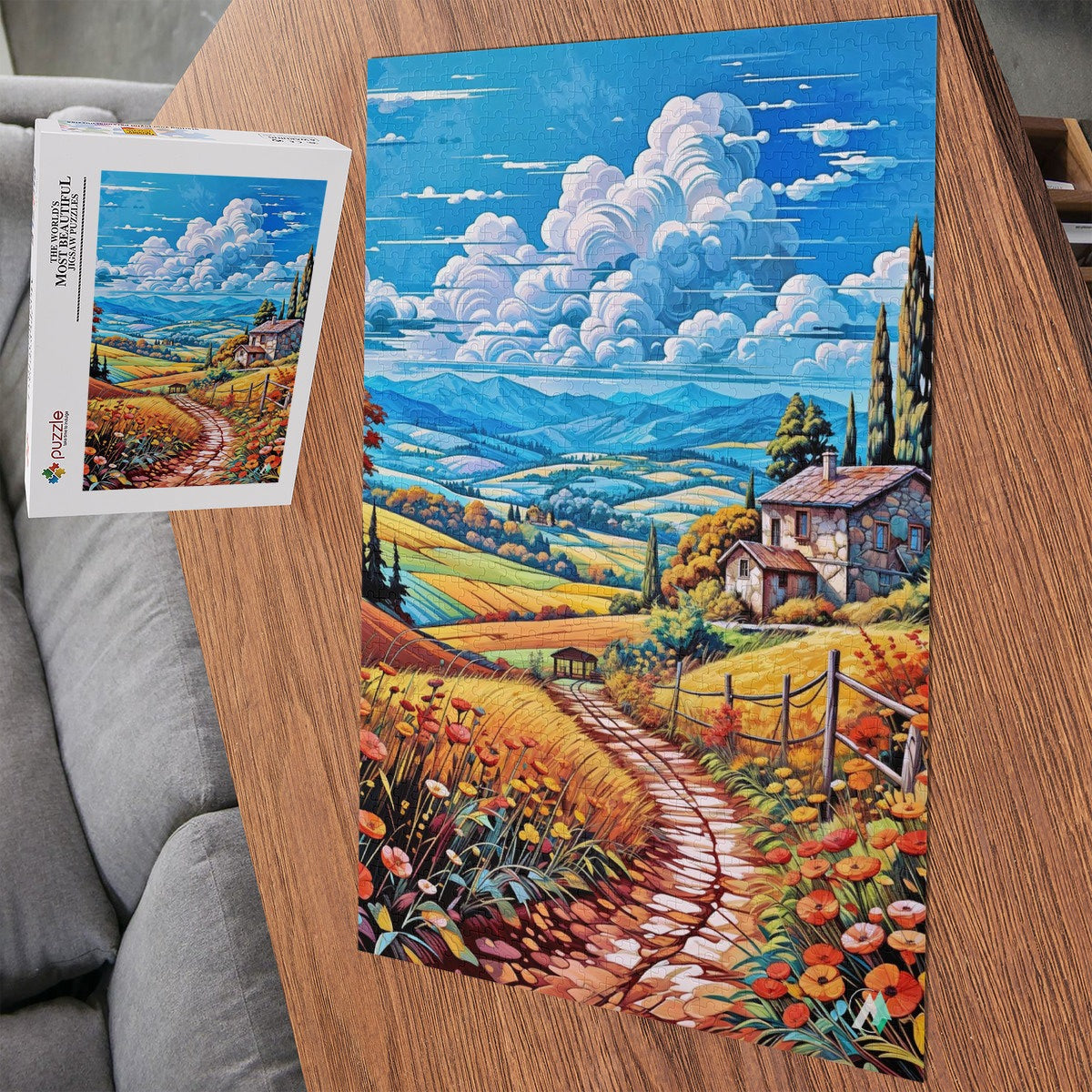 Poppies in Bloom Puzzle featuring a scenic house and path amidst a vibrant field, available in 500 and 1000 pieces.