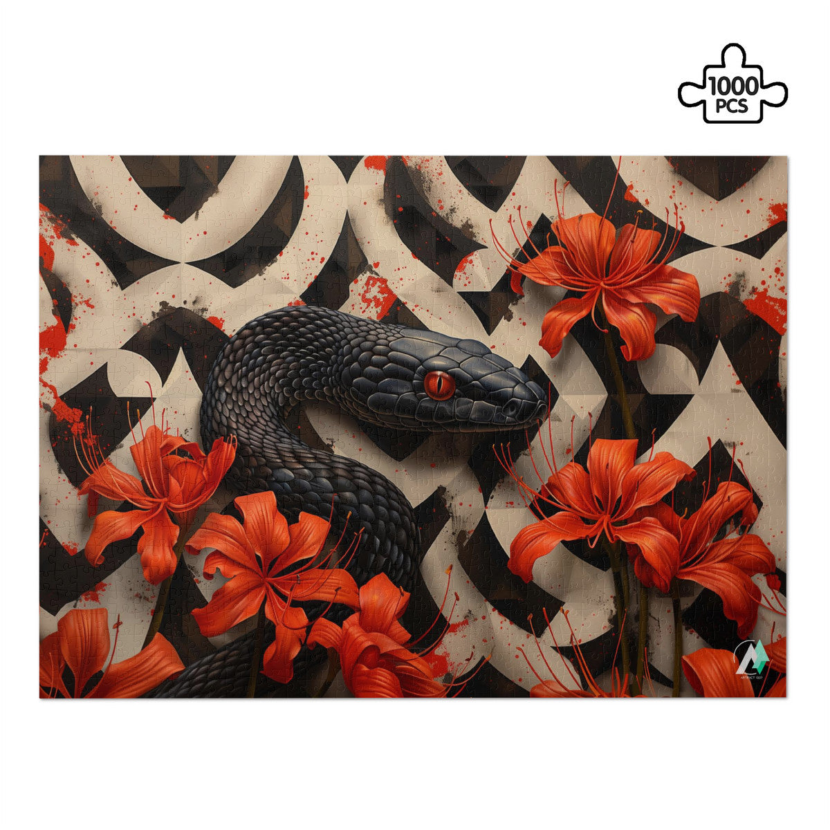 Hibiscus Serpent Puzzle featuring a snake entwined with flowers, available in 500 or 1000 pieces, crafted from premium ivory cardboard.