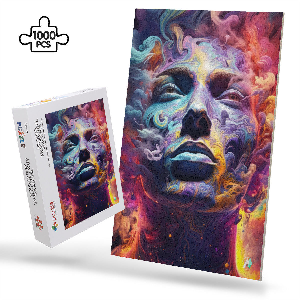 Titan Rising Puzzle featuring a woman's face enveloped in multicolored smoke, crafted from premium ivory cardboard with a satin finish, available in 500 and 1000 pieces.