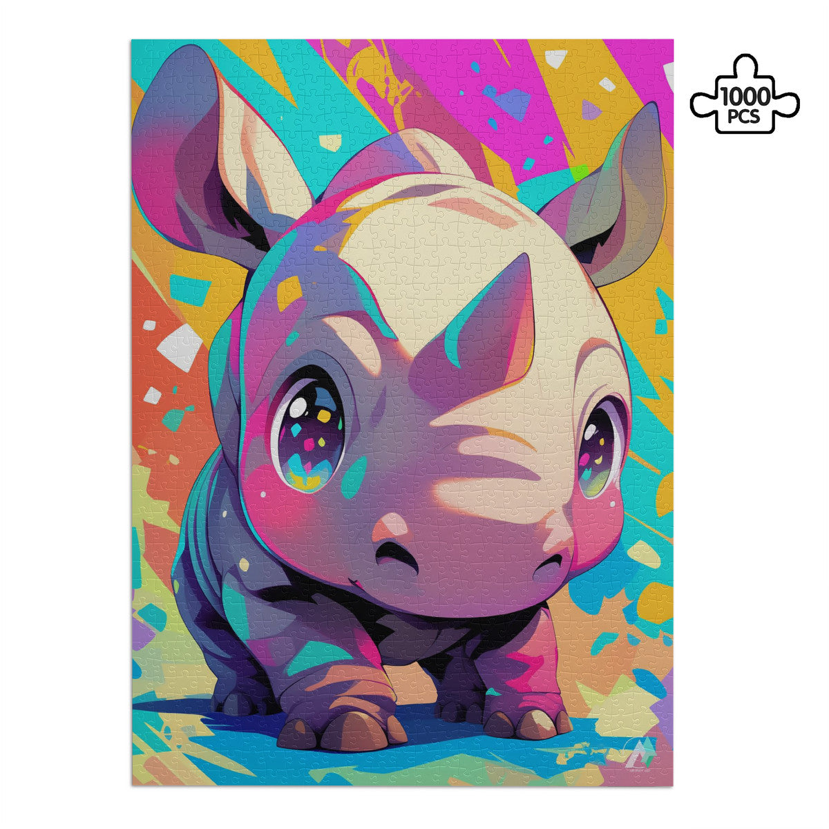 Chibi Safari Rhino Puzzle featuring a whimsical rhinoceros illustration, available in 500 or 1000 pieces, crafted on premium ivory cardboard.