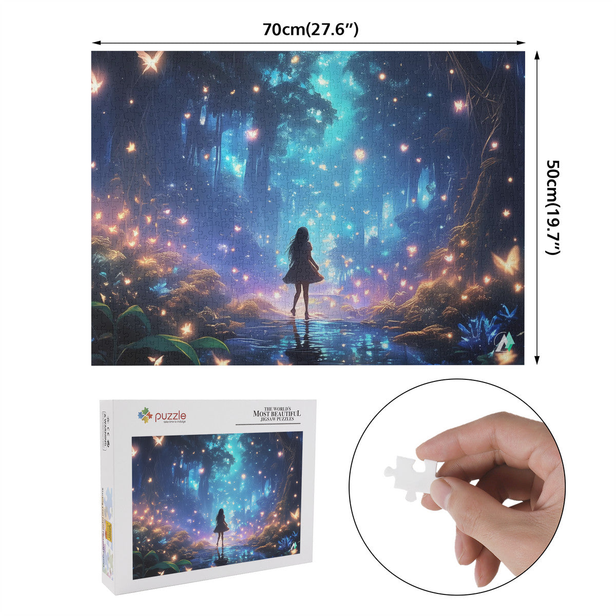Forest of Magic III Puzzle featuring a girl in a dress amidst a forest scene, crafted from premium ivory cardboard with a satin finish.