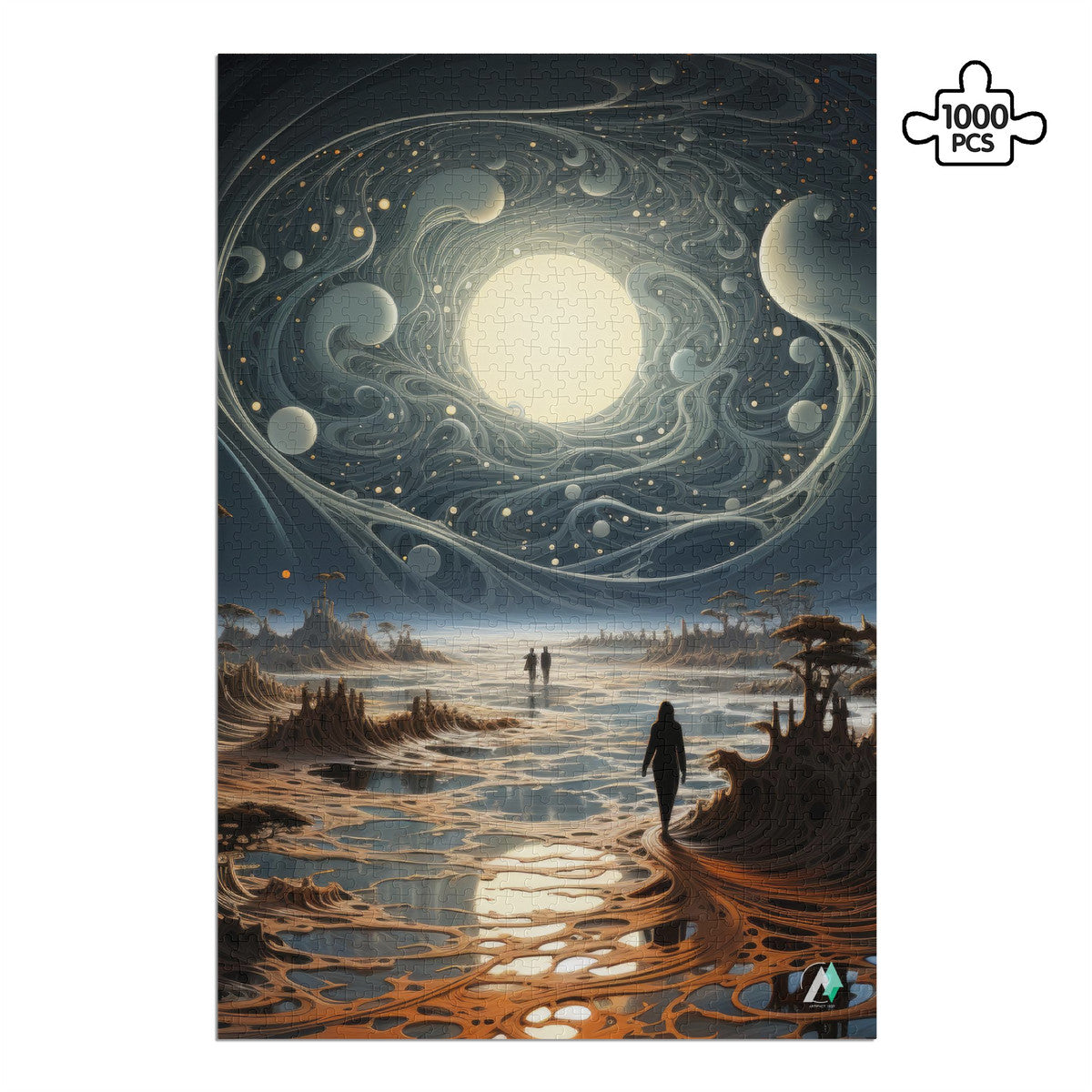 Celestial Portal I Puzzle: A person walks on an alien landscape on a moon with planets in a space scene. Available in 500 or 1000 pieces, featuring premium cardboard.