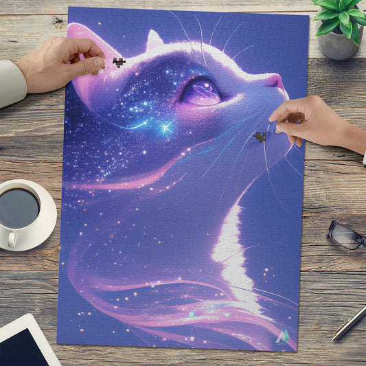Milky Way Meow III Puzzle showcases a cat-themed jigsaw puzzle, available in 500 and 1000 pieces, crafted from premium ivory cardboard.