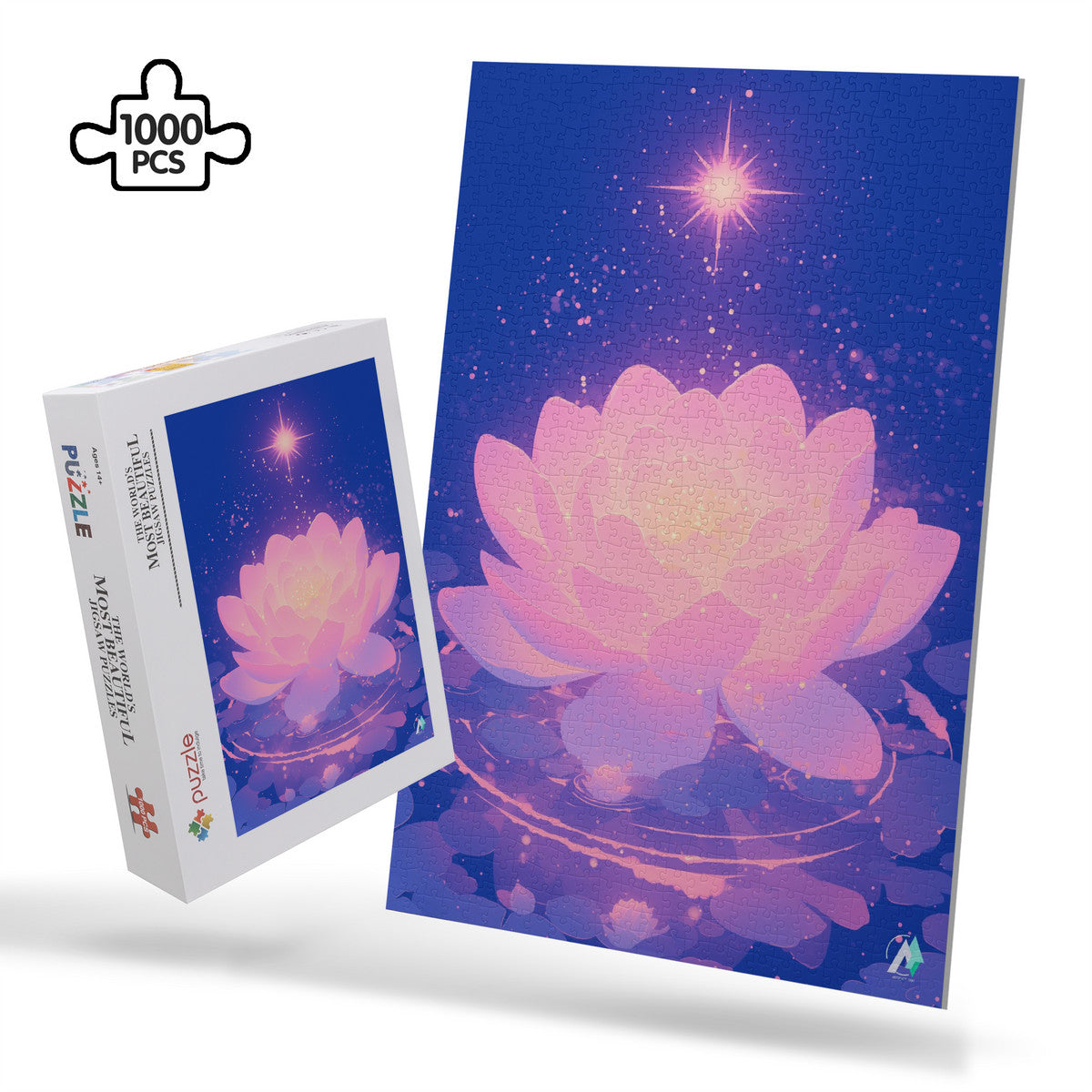 Celestial Bloom I Puzzle featuring a floral design floating on water, available in 500 and 1000 pieces, crafted from premium ivory cardboard with a satin finish.
