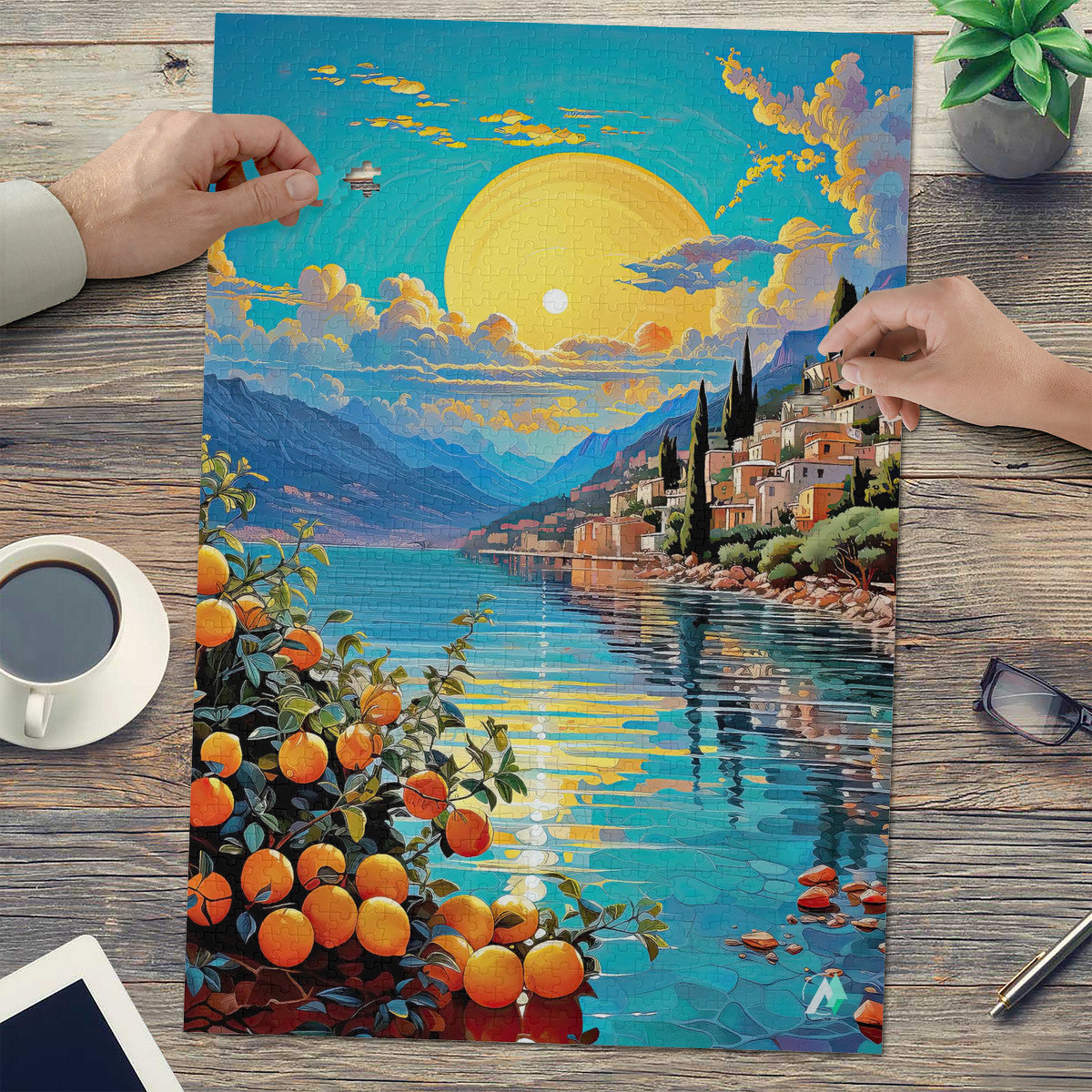 Surreal Menton Puzzle featuring a cityscape by water, oranges on trees, and sunset, available in 500 or 1000 pieces.