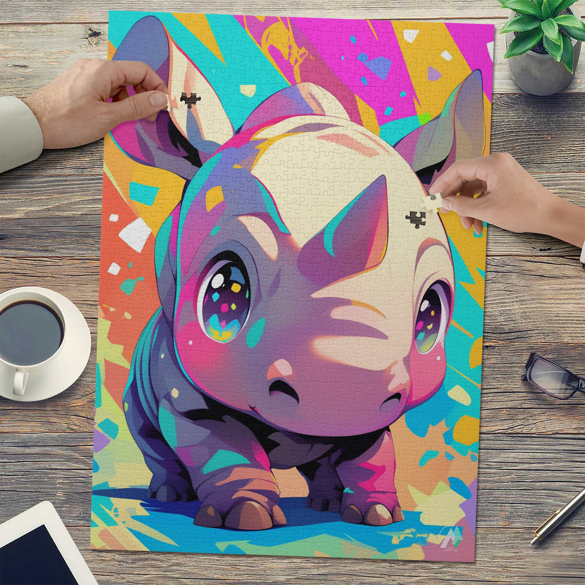 Chibi Safari Rhino Puzzle featuring a whimsical rhinoceros illustration, available in 500 or 1000 pieces, crafted on premium ivory cardboard.