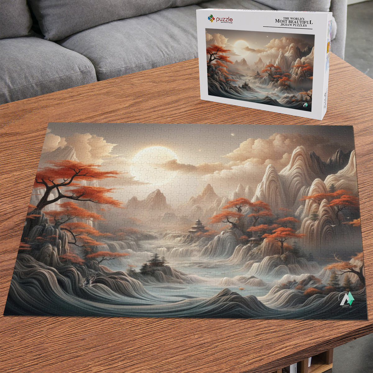 The Mystical Valley Puzzle featuring a mountain landscape, river, and tree with orange leaves; available in 500 or 1000 pieces.