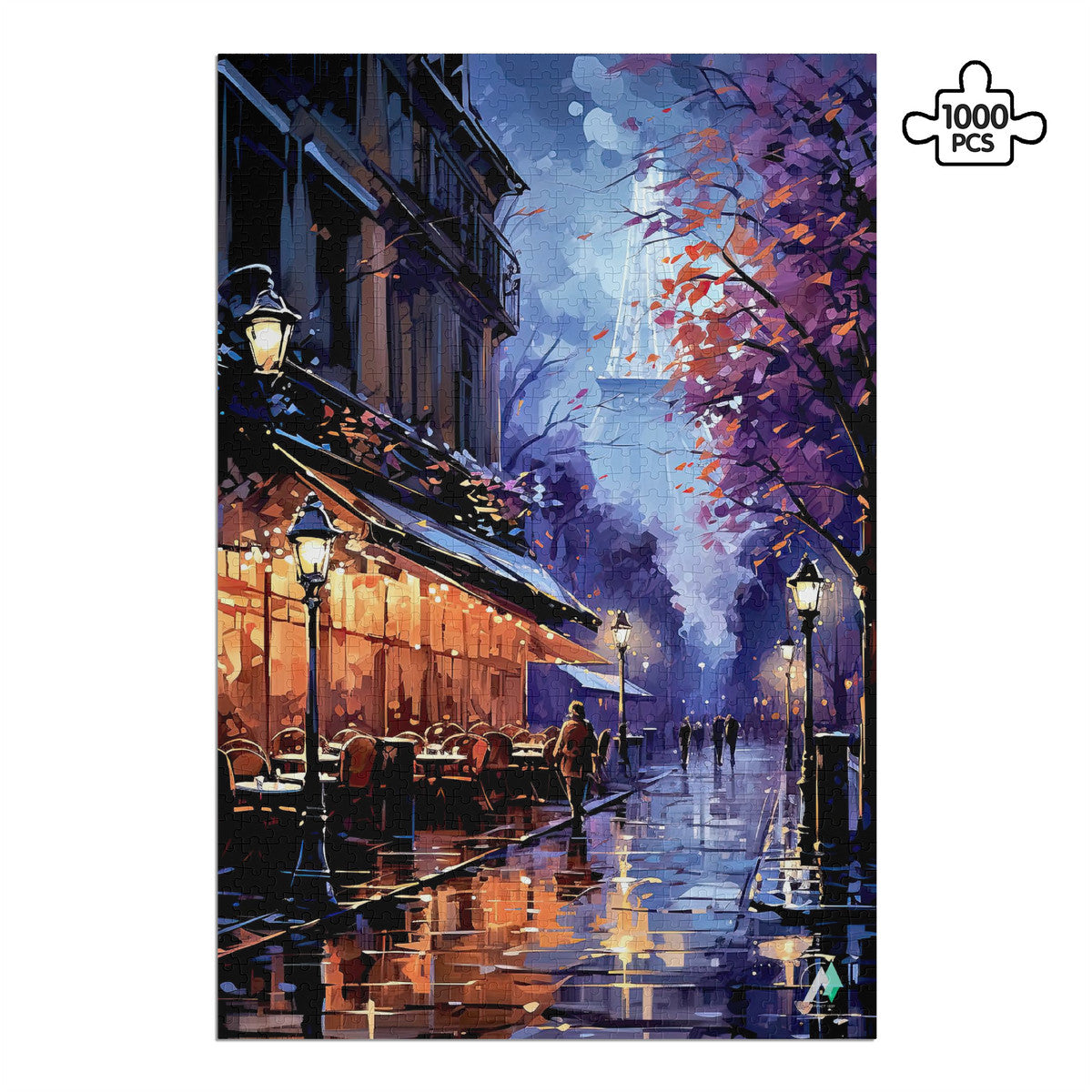 Paris in Lavender I Puzzle featuring a rainy street scene with people, tables, and vibrant artwork. Available in 500 and 1000 pieces, made from premium ivory cardboard.
