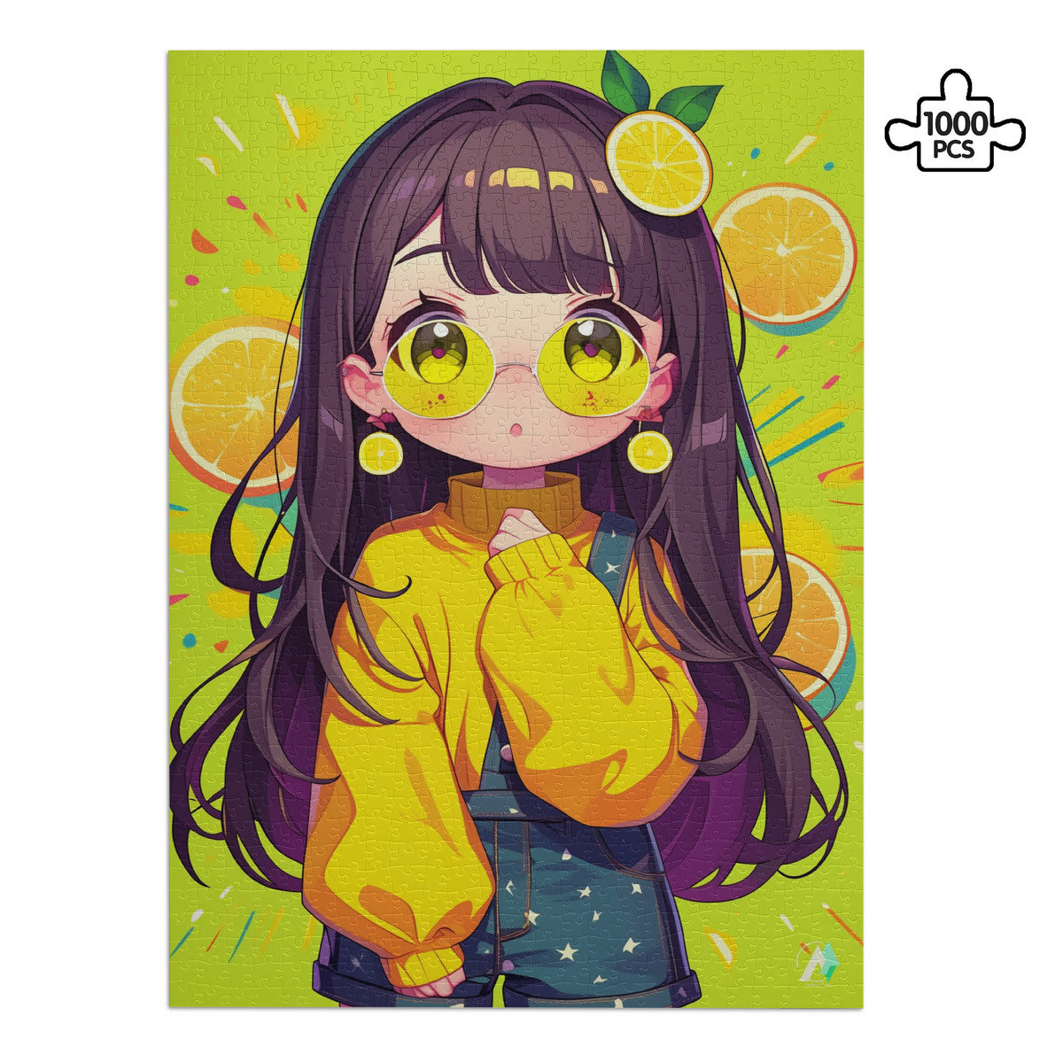 Chibi Limona Puzzle featuring a cartoon girl with yellow glasses and overalls and lemons, available in 500 and 1000 pieces, crafted from premium ivory cardboard.