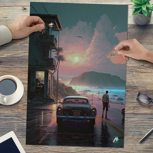 Reflections in the Rain Puzzle features a man beside a car on a road at the beach, crafted from premium ivory cardboard, available in 500 and 1000 pieces.