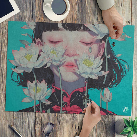 Surreal Feminine I Puzzle featuring a woman with flowers, crafted from premium ivory cardboard, available in 500 and 1000 pieces.