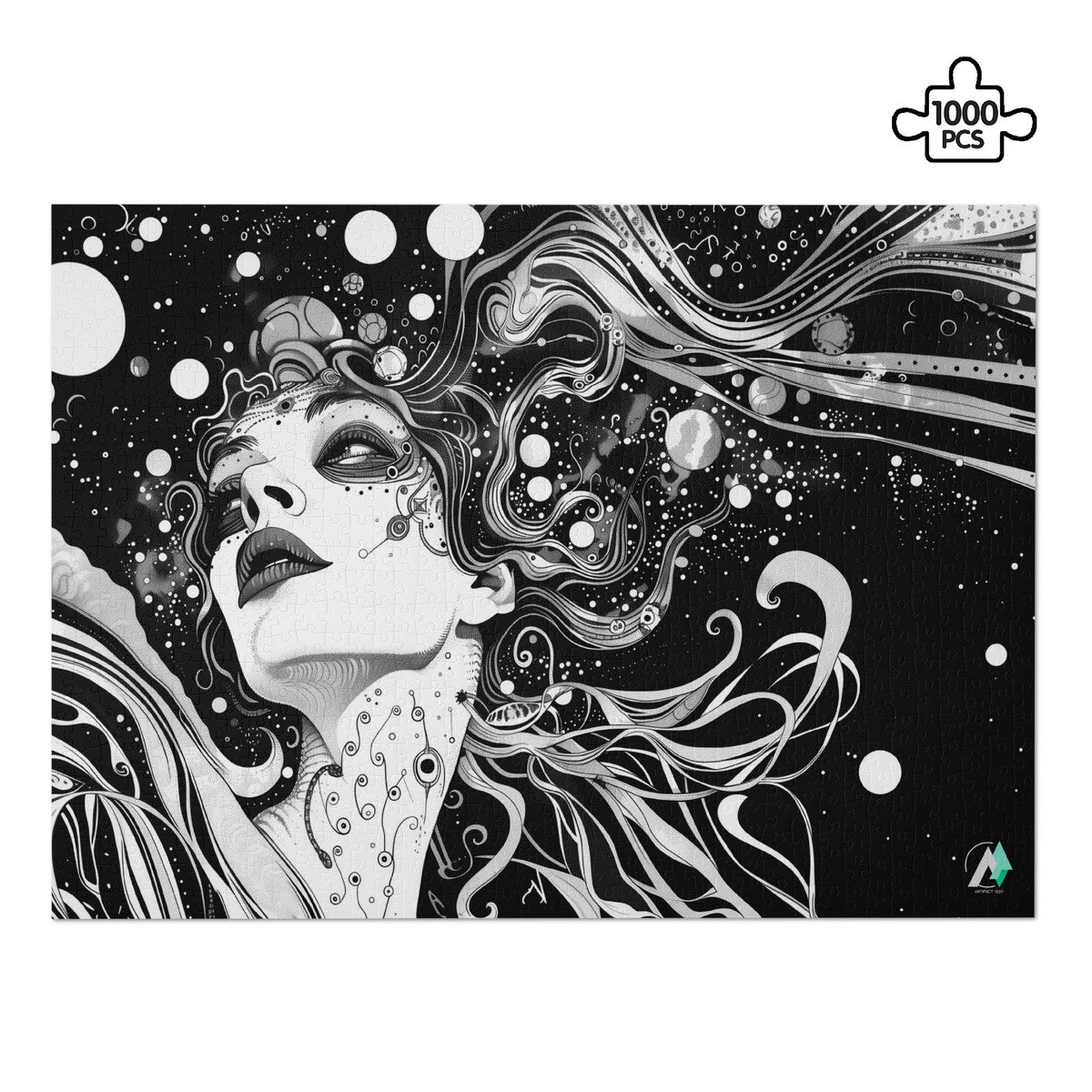 Discernment I Puzzle featuring a black and white illustration of a woman's face, available in 500 or 1000 pieces, by artist @shinjoku13.