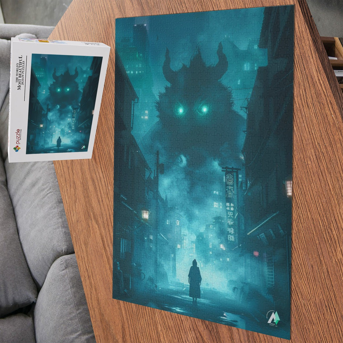 The Yokai Mystiques IV Puzzle features a city scene with a giant monster, available in 500 and 1000 pieces, crafted from premium ivory cardboard.