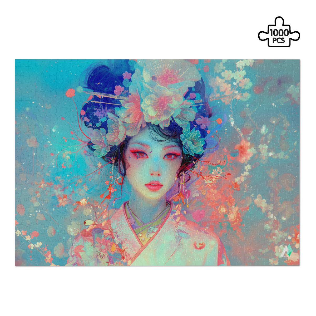 Boho Geisha I Puzzle featuring an Asian woman's portrait with flowers in her hair, available in 500 and 1000 pieces, by artist @shinjoku13.
