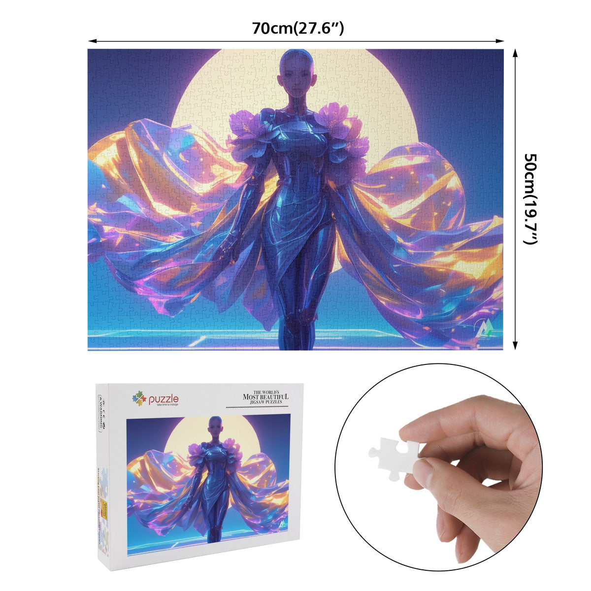 Amara-X II Puzzle featuring a woman in a garment, combining art and fashion. Available in 500 and 1000 pieces, made from premium cardboard.