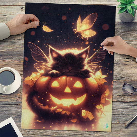 Faerie Feline I Puzzle: A whimsical cat with wings on a pumpkin, available in 500 or 1000 pieces, crafted from premium ivory cardboard.