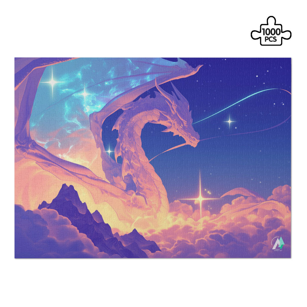 Supernal Wisdom Puzzle featuring a dragon design, available in 500 or 1000 pieces, crafted from premium ivory cardboard with satin finish.