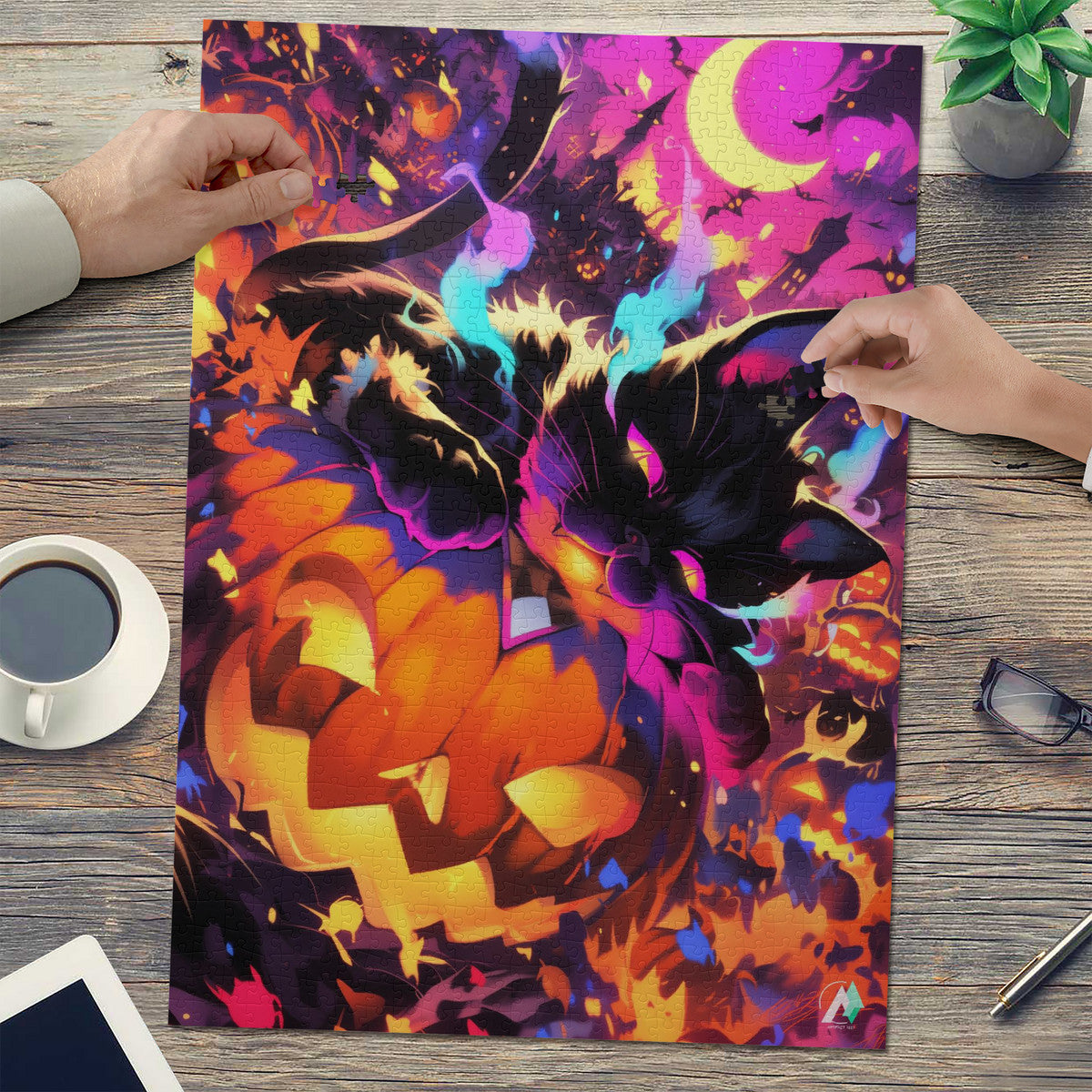 Puzzle featuring a cat and pumpkin, titled Pumpkin Patch Pirate I, available in 500 or 1000 pieces, crafted on premium ivory cardboard.