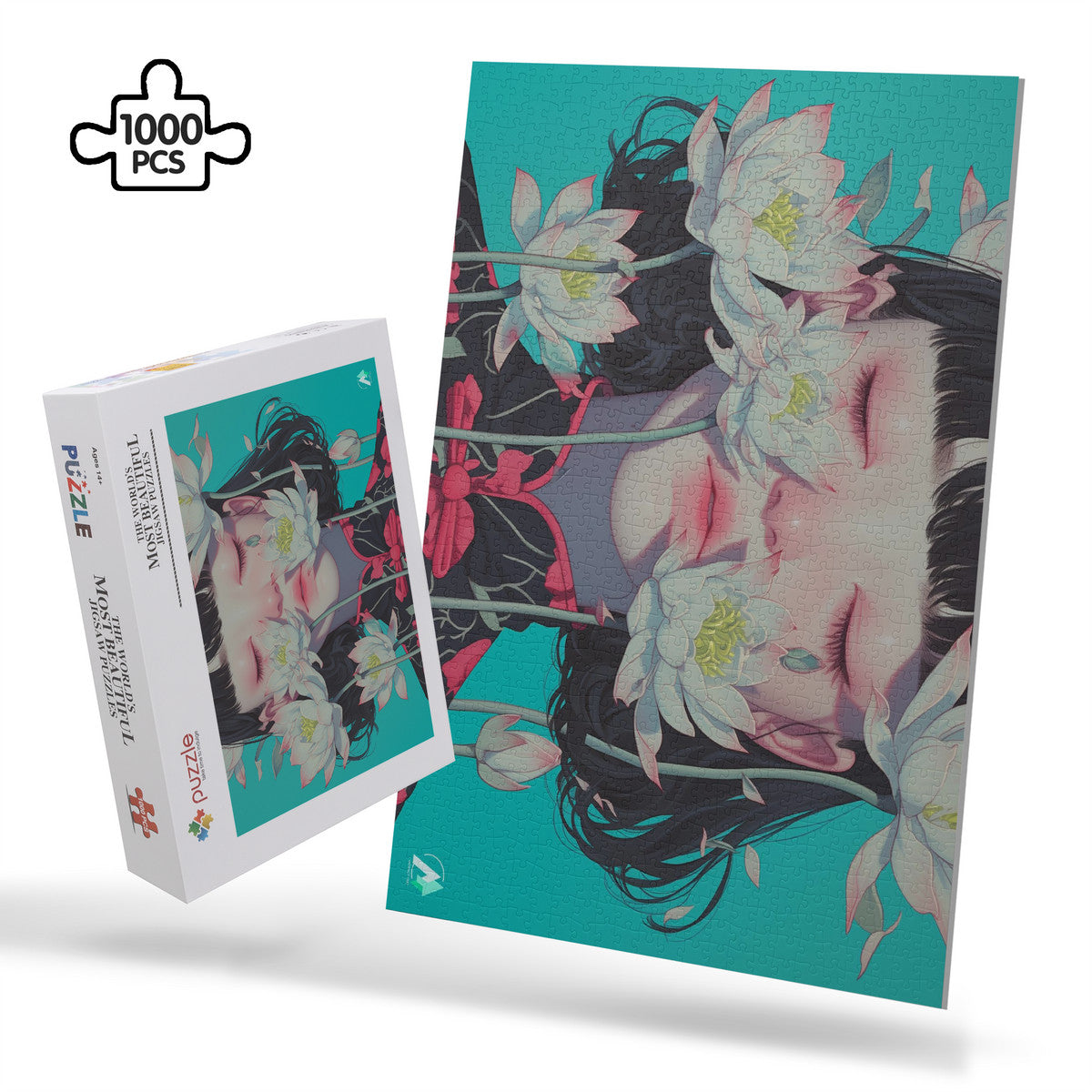 Surreal Feminine I Puzzle featuring a woman with flowers, crafted from premium ivory cardboard, available in 500 and 1000 pieces.