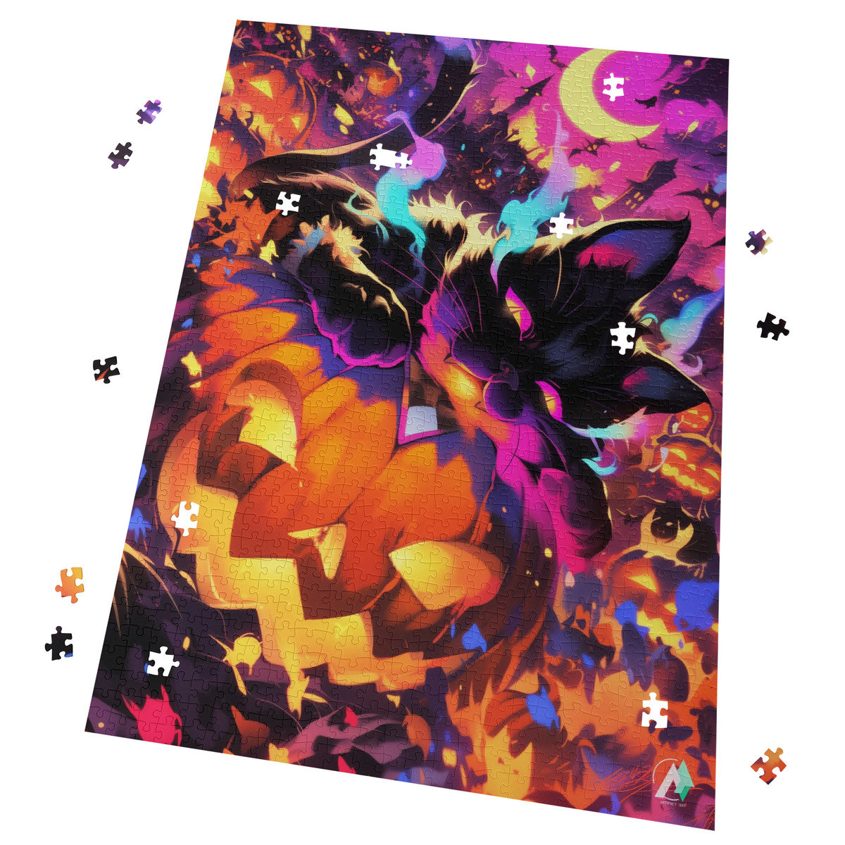 Puzzle featuring a cat and pumpkin, titled Pumpkin Patch Pirate I, available in 500 or 1000 pieces, crafted on premium ivory cardboard.