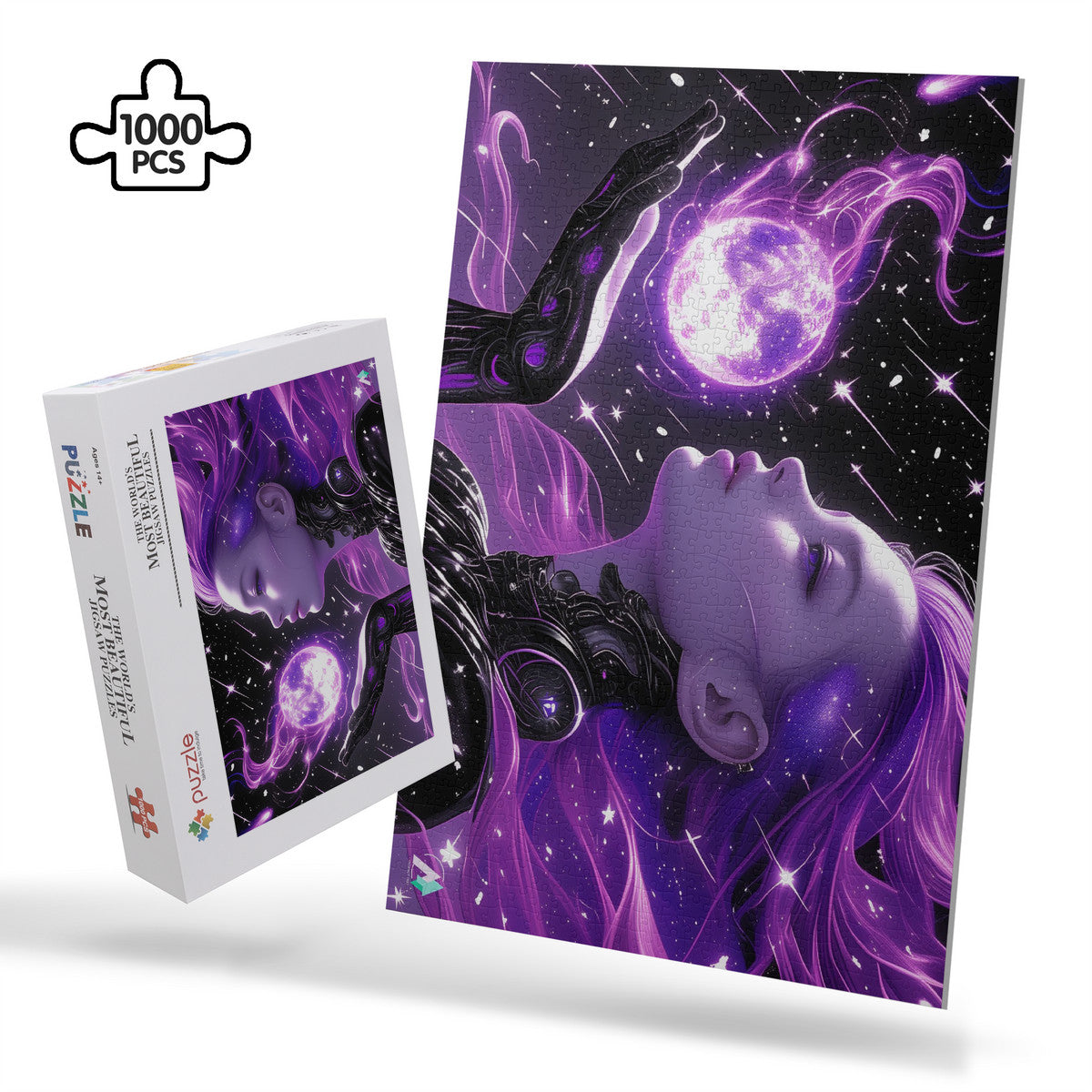 Android Celeste Puzzle: A woman with purple hair holding a glowing moon, crafted on premium ivory cardboard. Available in 500 or 1000 pieces.