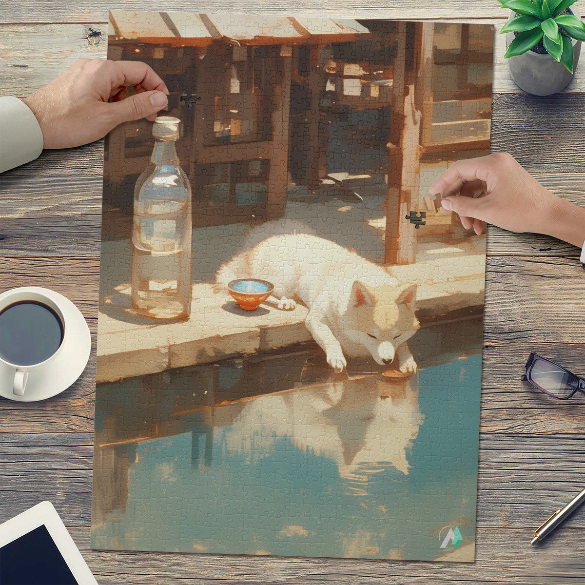 Dozy Dog I Puzzle features a dog drinking water, showcasing intricate artwork by @shinjoku13 on premium satin-finished cardboard. Available in 500 and 1000 pieces.