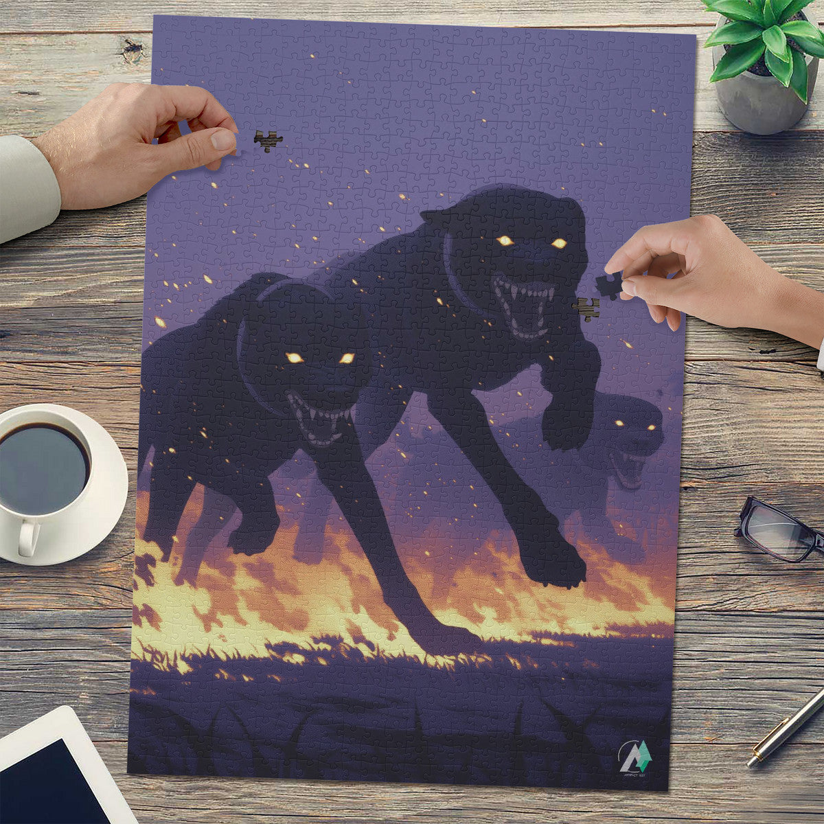 Hounds Unleashed III Puzzle featuring black dogs running, available in 500 and 1000 pieces, crafted from premium ivory cardboard with satin finish.