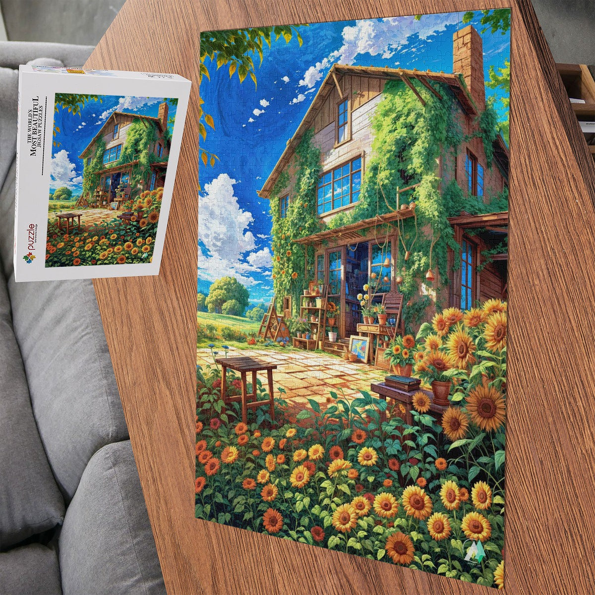 Bohemian Sunflower House Puzzle featuring a picturesque house with sunflowers, available in 500 or 1000 pieces, crafted from premium ivory cardboard.
