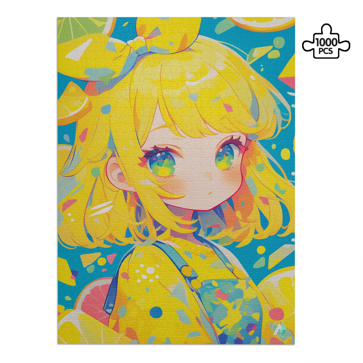 Chibi Lemona Puzzle featuring a cartoon girl illustration with bright lemon colored hair, available in 500 and 1000 pieces, crafted from premium ivory cardboard with satin finish.