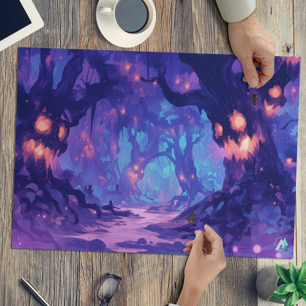 Forest of Haunts Puzzle featuring eerie tree artwork by @drewsidious, available in 500 or 1000 pieces, crafted from premium ivory cardboard.