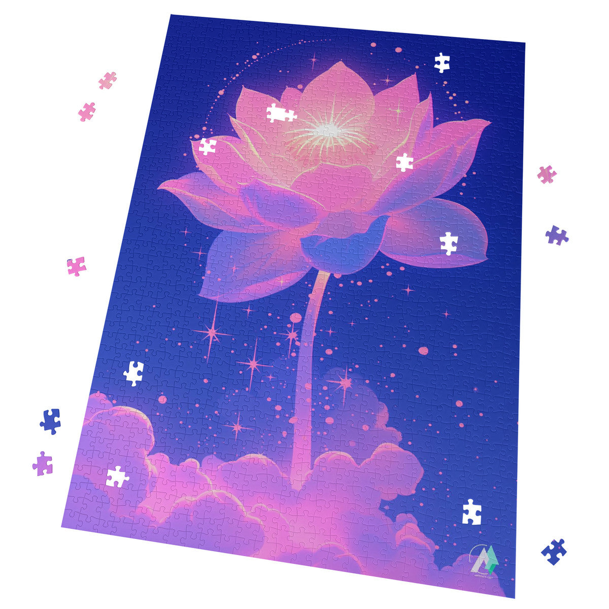 Celestial Bloom II Puzzle, featuring a flower design with clouds, available in 500 or 1000 pieces, crafted from premium ivory cardboard.